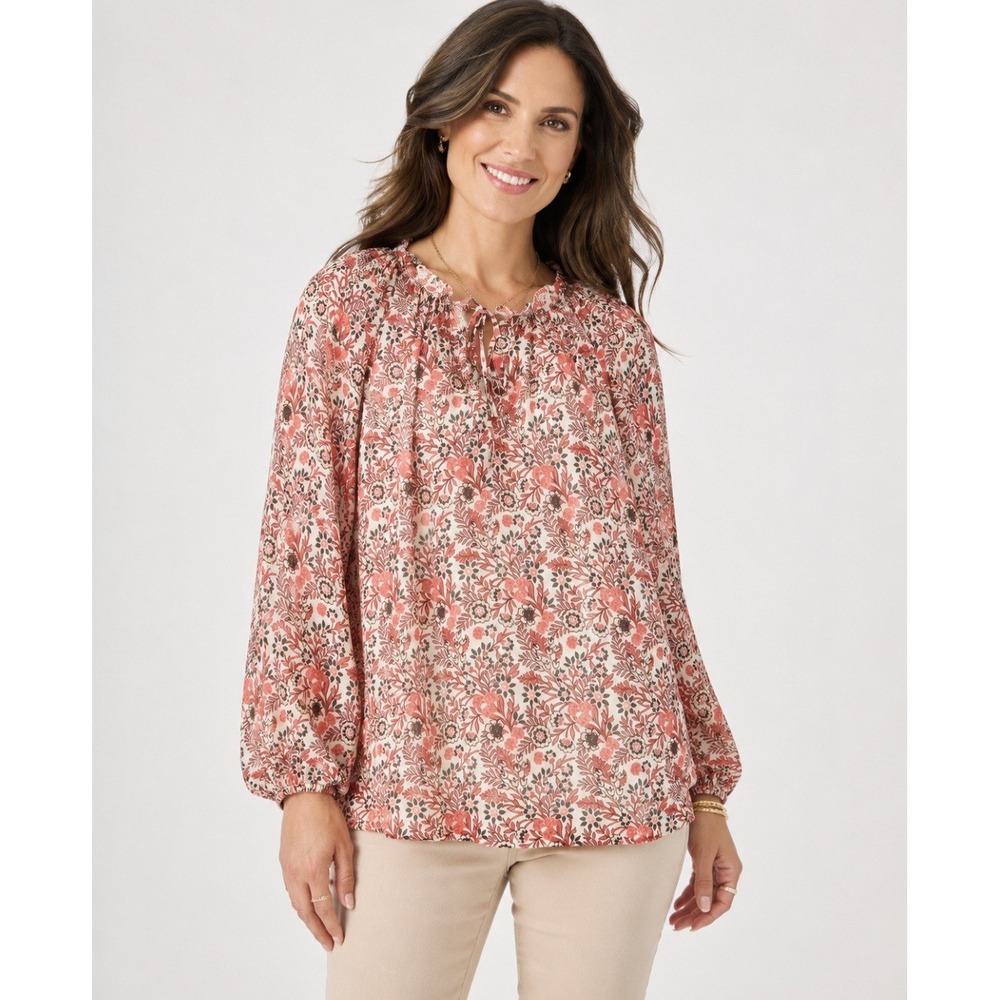 Talbots Floral Peasant‎ Blouse L Pink Boho Ruffle Neck Tie Long Sleeve VTG Style